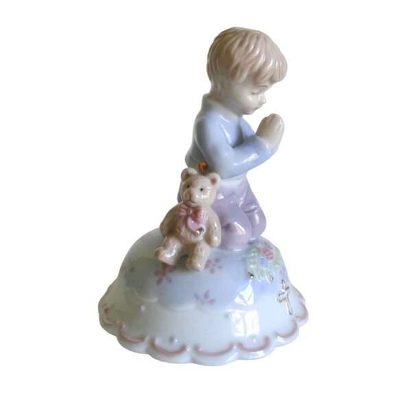 Praying Boy & Bear Music Box Figurine - Gift for Boy - Baby Boy Nursery Gift - Picture 2 of 6